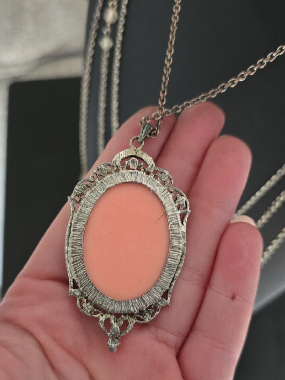 Pink Cameo Pendant Necklace with Ornate Silver Frame - Picture 8 of 11